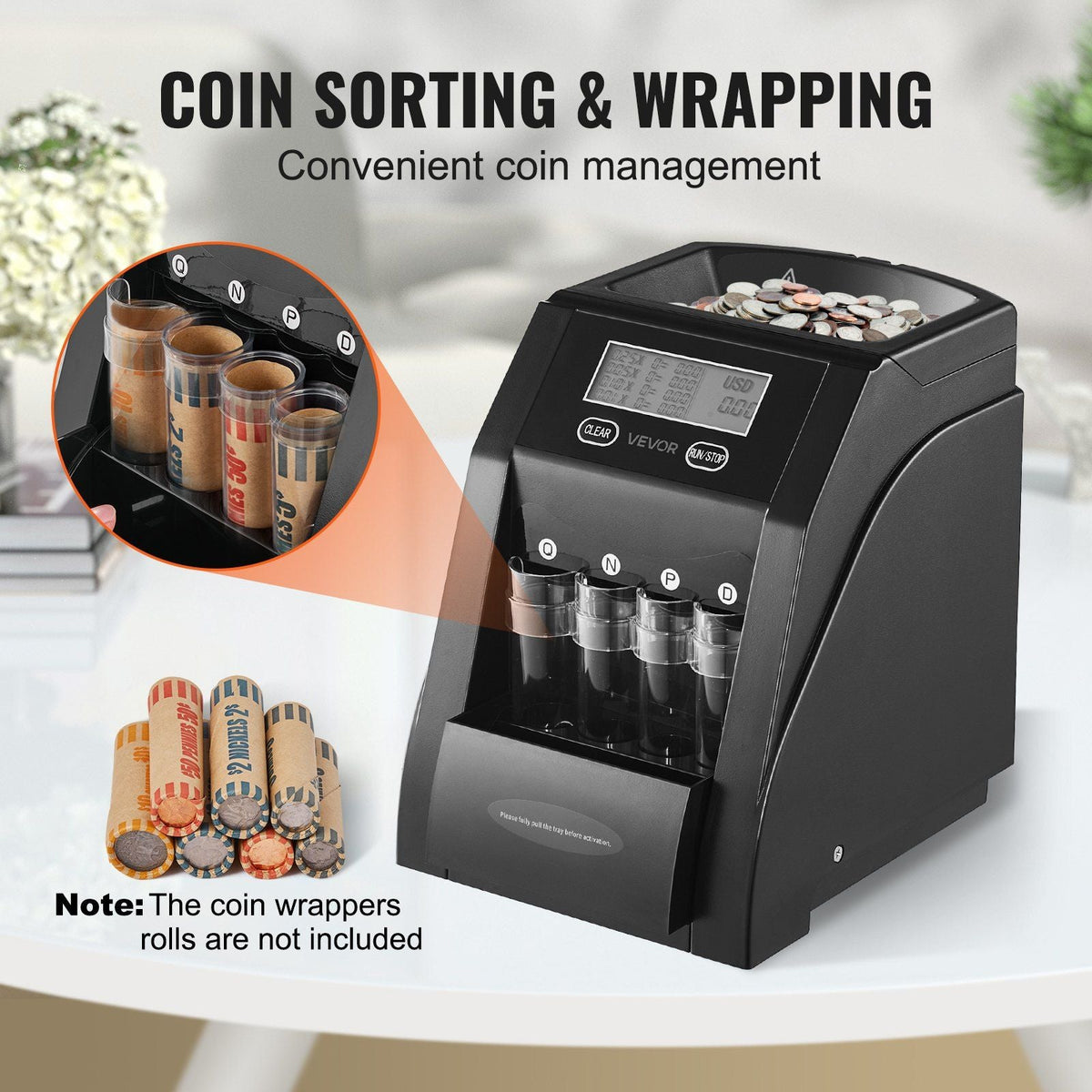 USD Coin Sorter with LCD Screen Display Holds up to 200 Coins 4 Coin Tubes