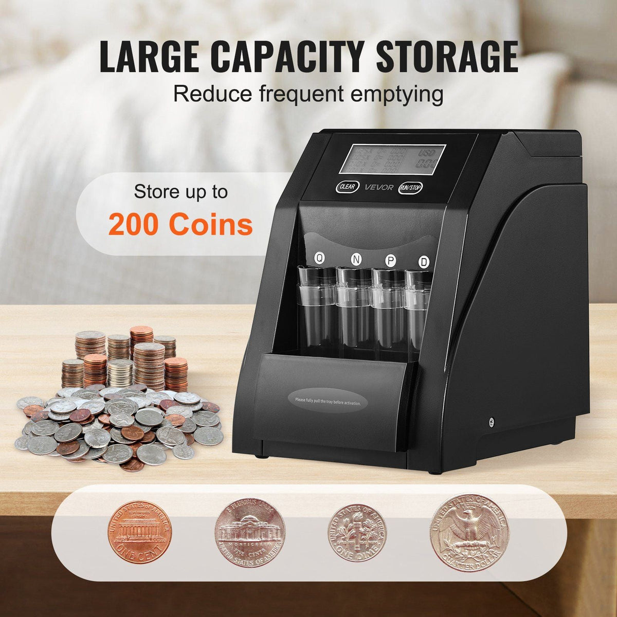USD Coin Sorter with LCD Screen Display Holds up to 200 Coins 4 Coin Tubes