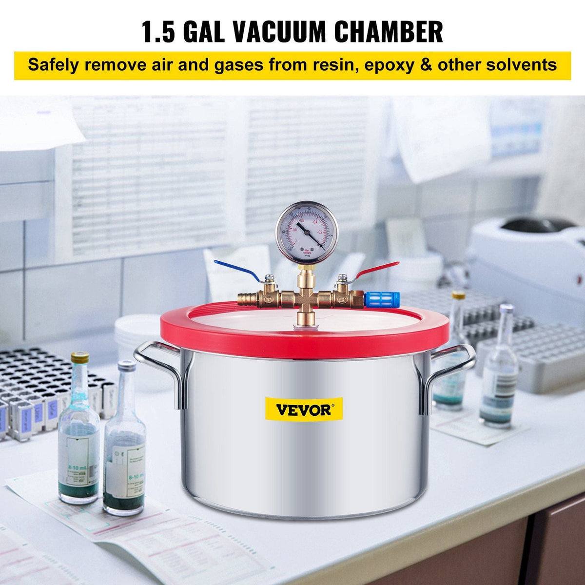 Vacuum Chamber 1.5 Gallon Vacuum Degassing Chamber Glass Lid Stainless Steel Degassing Chamber Silicones for Gas Extraction and Protect Food