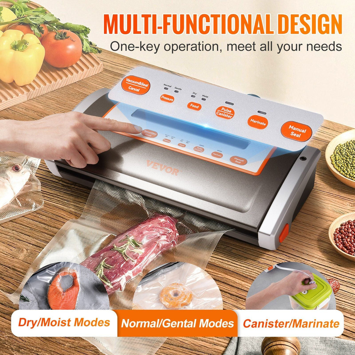 Vacuum Sealer Machine, 80Kpa 130W Powerful, Multifunctional for Dry and Moist Food Storage, Automatic and Manual Air Sealing System with Built-in Cutter, 2 Bag Rolls and an External Hose