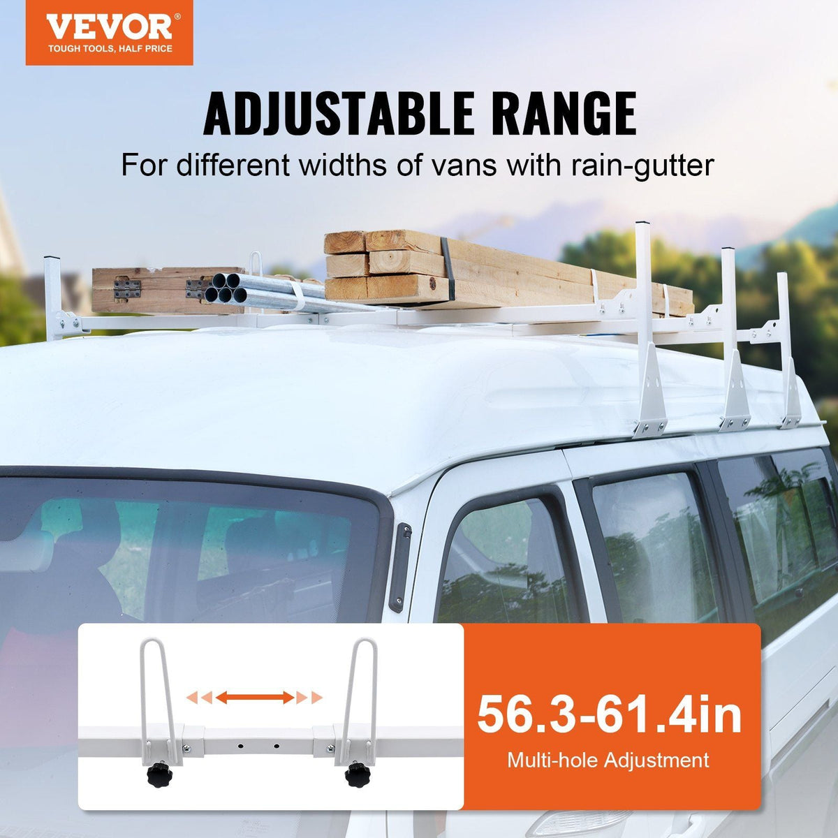 Van Ladder Rack, 56.3-61.4" Adjustable Rain Gutter Van Roof Racks, Alloy Steel Roof Rack with 750 lbs Capacity, Van Roof Ladder Rack with Ladder Stoppers, Compatible with Full-Size Vans, 3 Bars