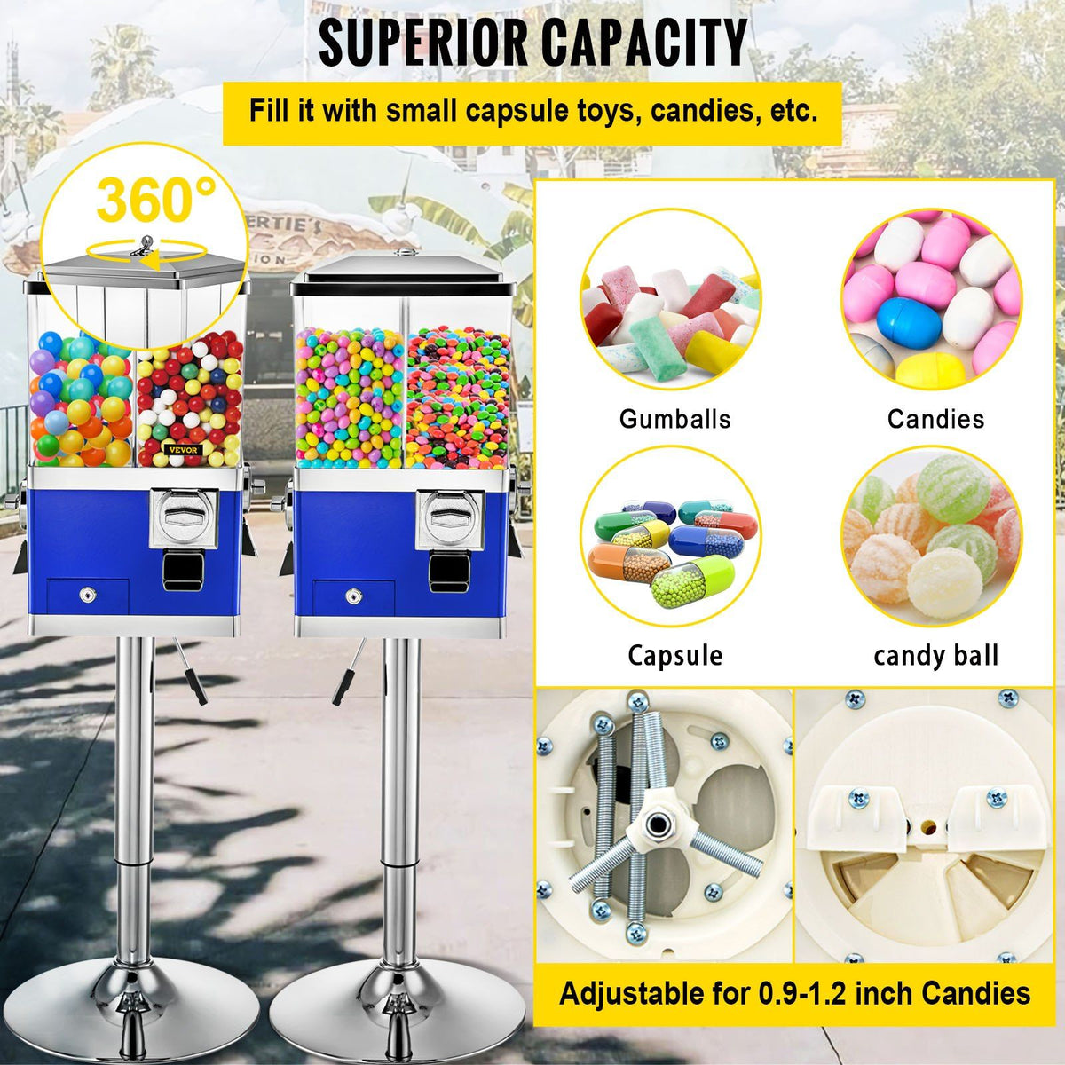 Vending Machine with Stand, Blue Quarter Candy Dispenser, Rotatable Four Compartments Square Candy Vending Machine, PC & Iron Large Gumball Bank Adjustable Dispenser Wheels for 1 inch Gumballs
