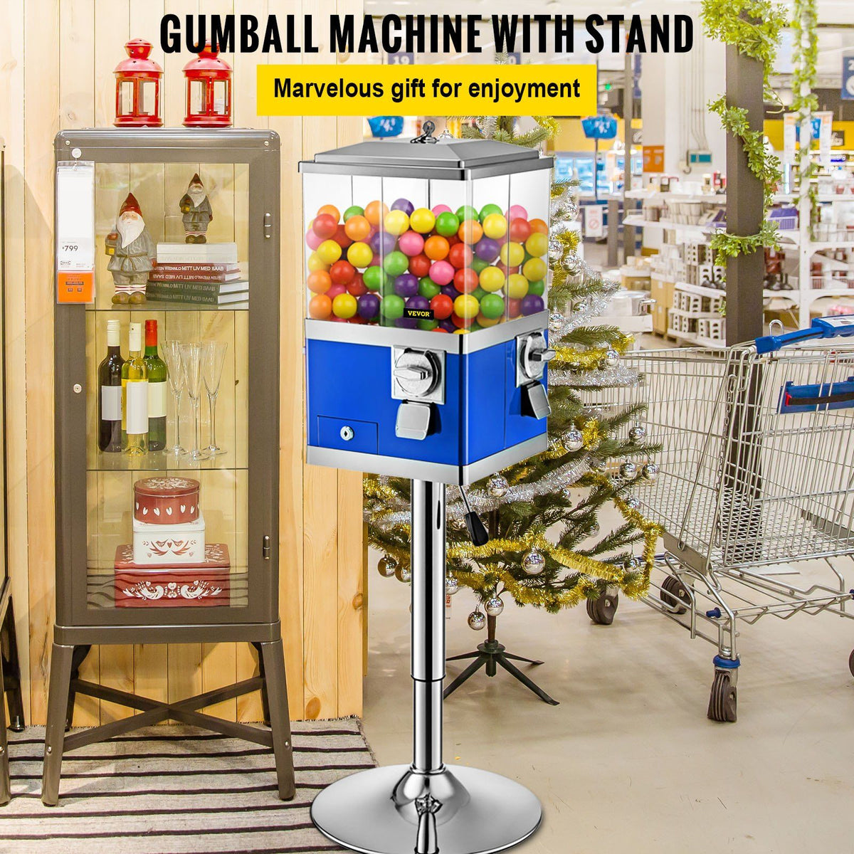Vending Machine with Stand, Blue Quarter Candy Dispenser, Rotatable Four Compartments Square Candy Vending Machine, PC & Iron Large Gumball Bank Adjustable Dispenser Wheels for 1 inch Gumballs