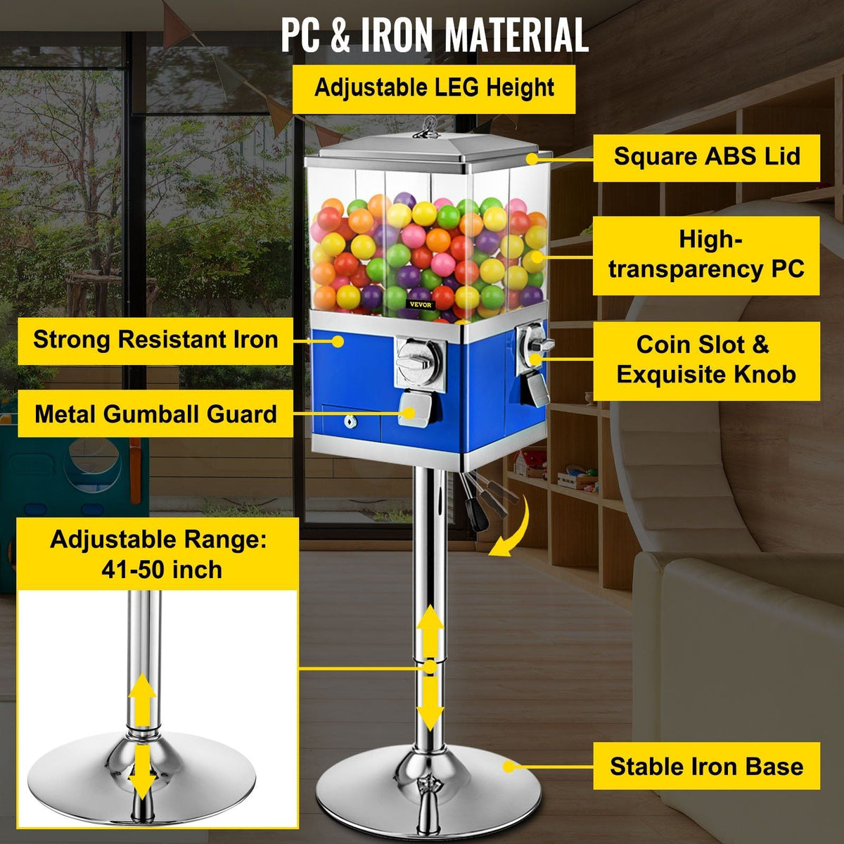 Vending Machine with Stand, Blue Quarter Candy Dispenser, Rotatable Four Compartments Square Candy Vending Machine, PC & Iron Large Gumball Bank Adjustable Dispenser Wheels for 1 inch Gumballs