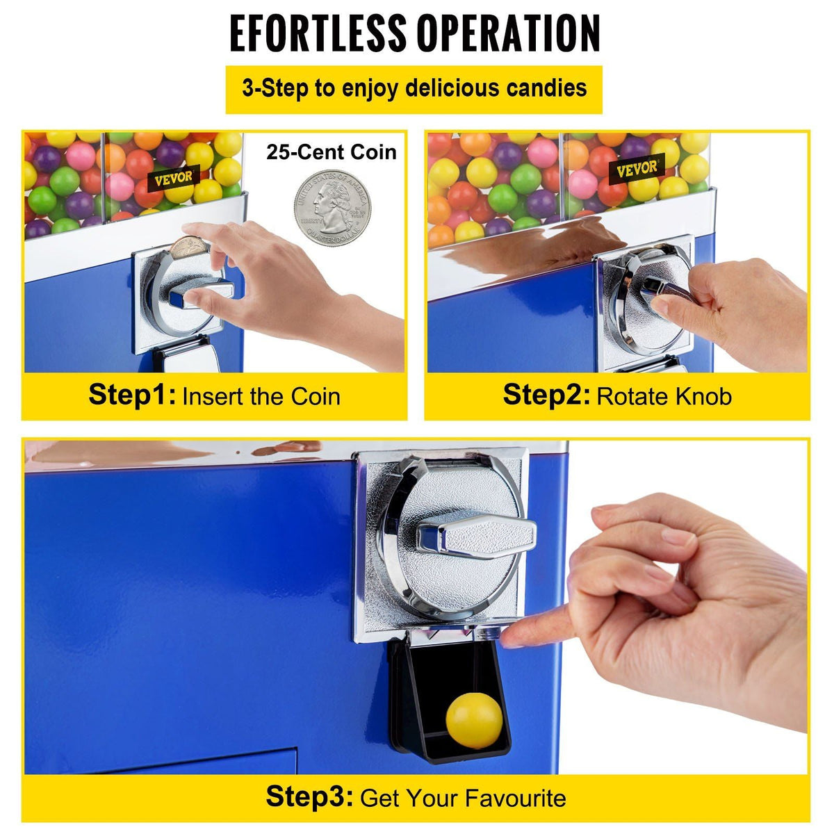 Vending Machine with Stand, Blue Quarter Candy Dispenser, Rotatable Four Compartments Square Candy Vending Machine, PC & Iron Large Gumball Bank Adjustable Dispenser Wheels for 1 inch Gumballs