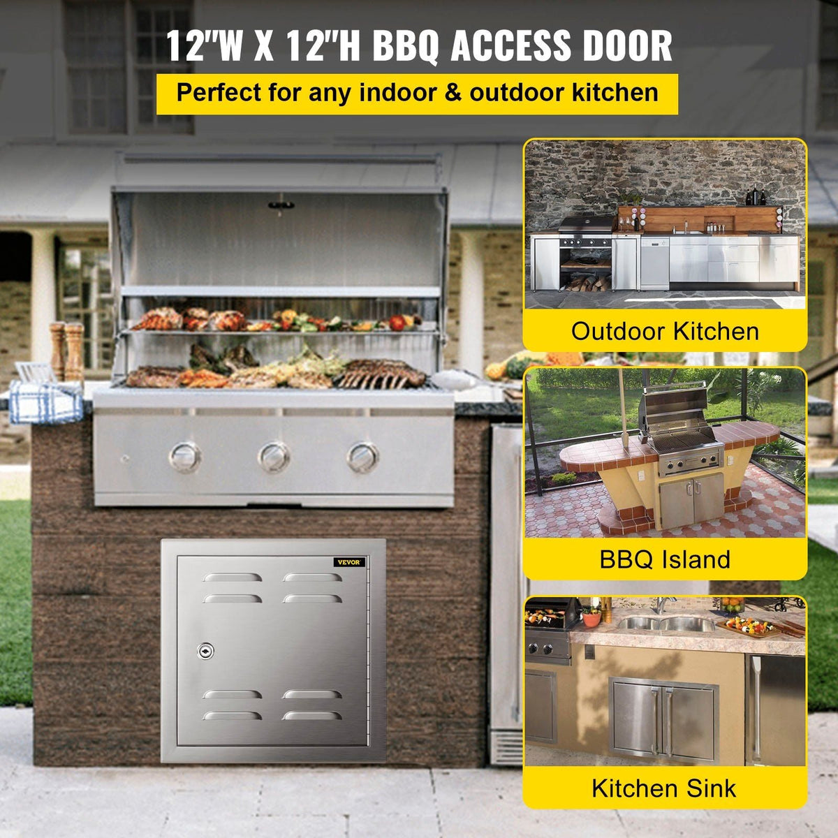 Vented Access Door 12x12in Single Access Door with Vents, 304 Stainless Steel Outdoor Cooking Doors, Flush Mount Vented Utility Door with Lock, Beveled Frame Access for BBQ Island Grill Kitchen