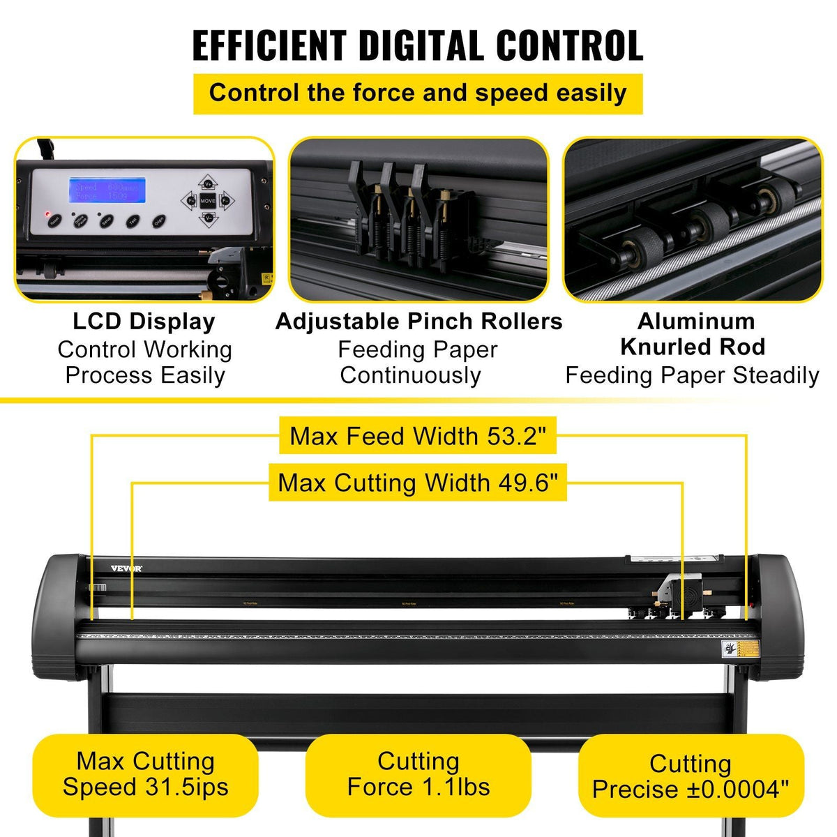 Vinyl Cutter Machine, 53in / 1350mm, LED Plotter Printer, Precise Manual Positioning, Softwares Support MAC and Windows Systems, Adjustable Force and Speed, Floor Stand for Making Sign Label
