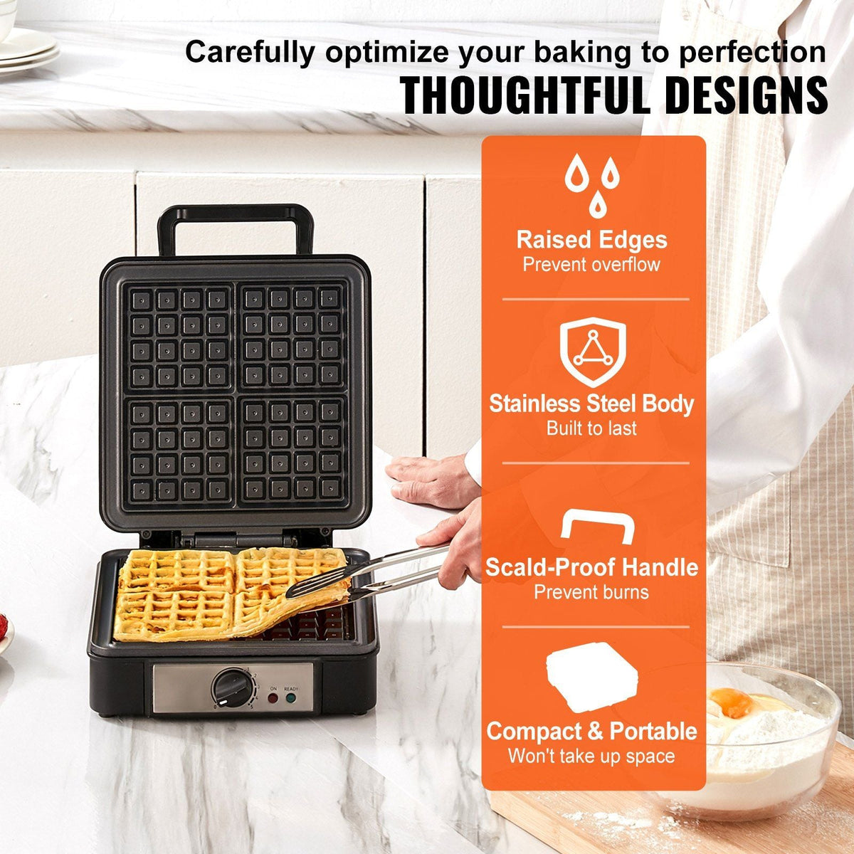 Waffle Maker, 4 Slices per Batch, 1200W Square Waffle Iron, Non-Stick Waffle Baker Machine with 122-572°F / 50-300°C Temperature Range Teflon-Coated Baking Pans Stainless Steel Body, 120V
