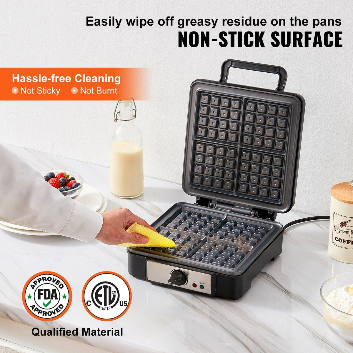 Waffle Maker, 4 Slices per Batch, 1200W Square Waffle Iron, Non-Stick Waffle Baker Machine with 122-572°F / 50-300°C Temperature Range Teflon-Coated Baking Pans Stainless Steel Body, 120V