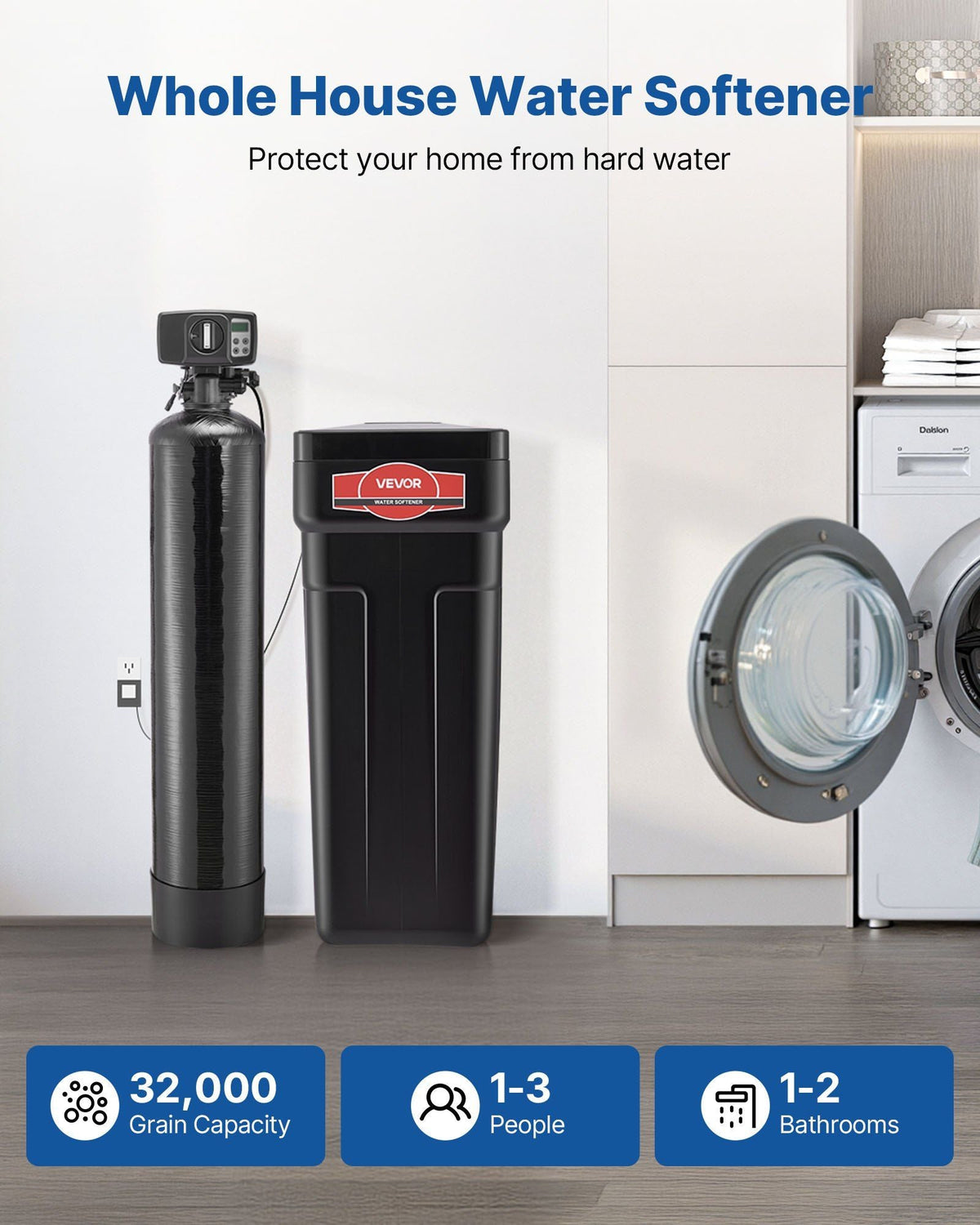 Water Softener, 32, 000 Grains Whole House Water Softener System, with Automatic Digital Control Head, Bypass Valve, Reduce Hardness and Minerals, Improve Water Quality, for 1-2 Bathrooms