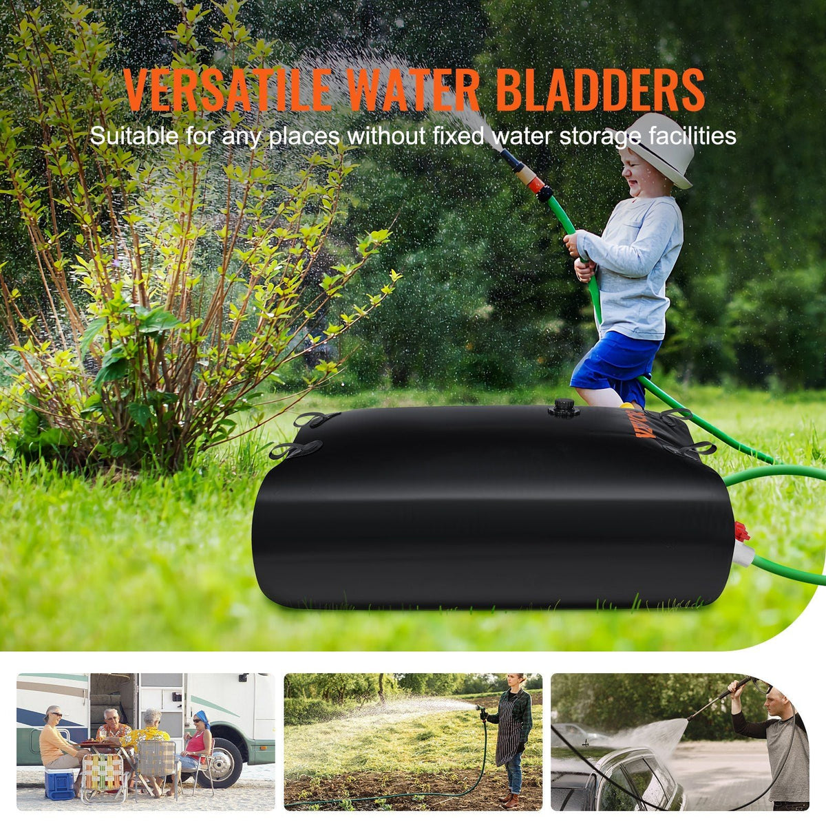 Water Tank Bladder, 143 Gallon Large Capacity, PVC Collapsible Water Bladder Including Spigots and Overflow Kit, Portable Water Storage Bladder for Garden Water Catcher, Black