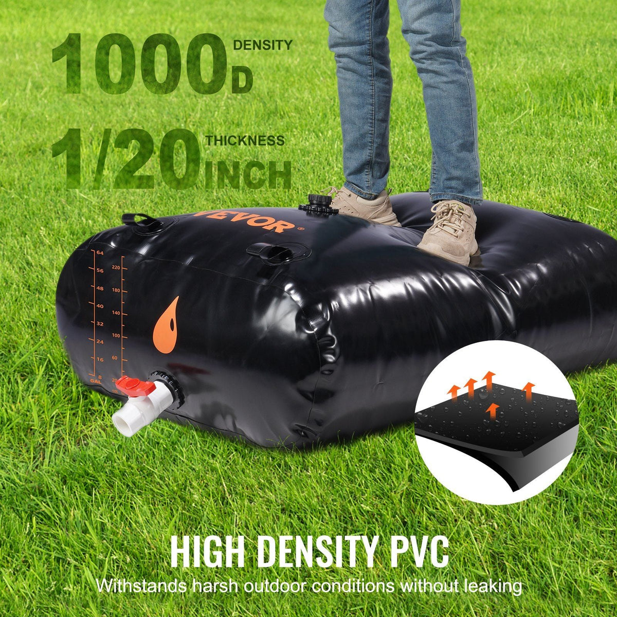Water Tank Bladder, 143 Gallon Large Capacity, PVC Collapsible Water Bladder Including Spigots and Overflow Kit, Portable Water Storage Bladder for Garden Water Catcher, Black