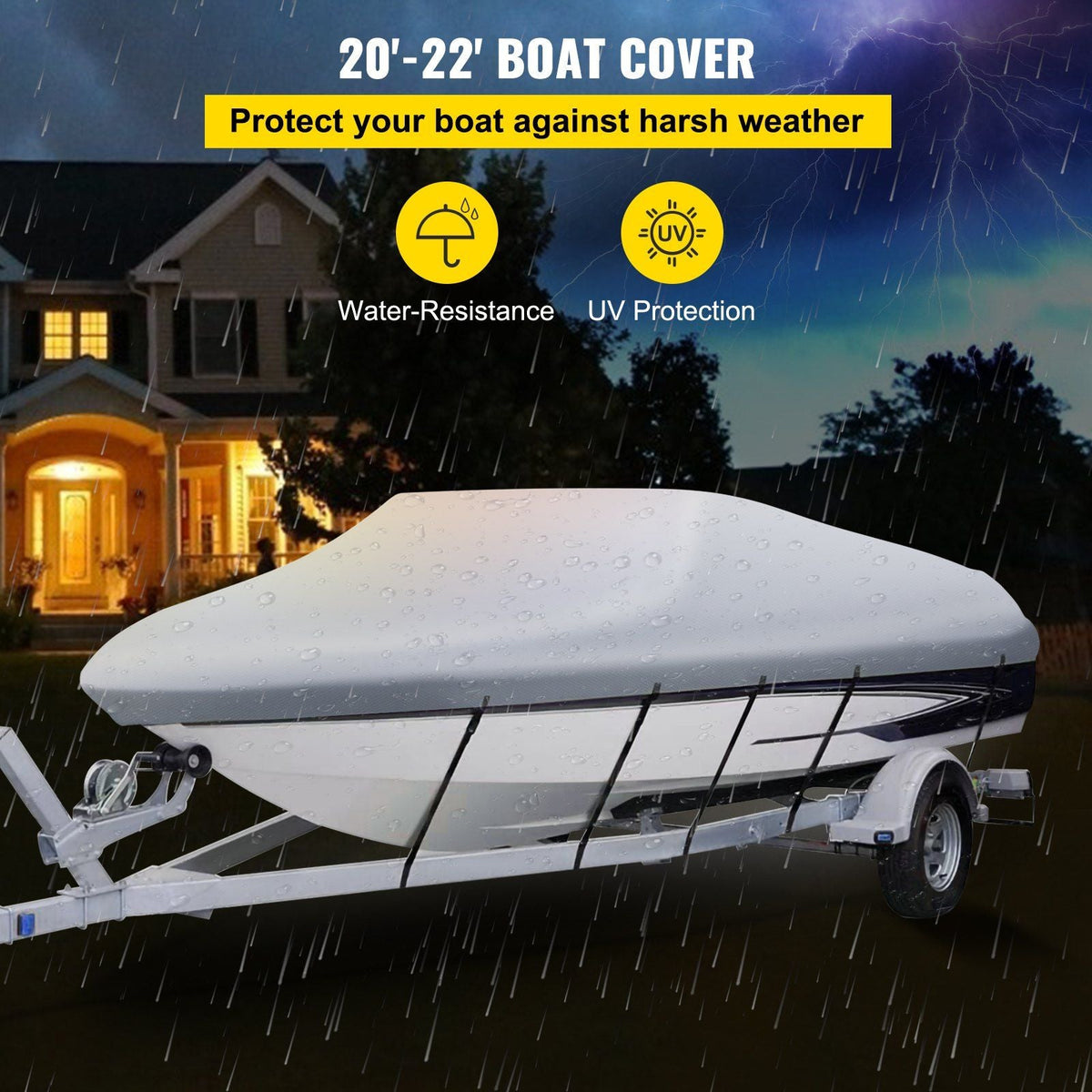 Waterproof Boat Cover, 20'-22' Trailerable Boat Cover, Beam Width up to 106" v Hull Cover Heavy Duty 210D Marine Grade Polyester Mooring Cover for Fits V-Hull Boat with 5 Tightening Straps
