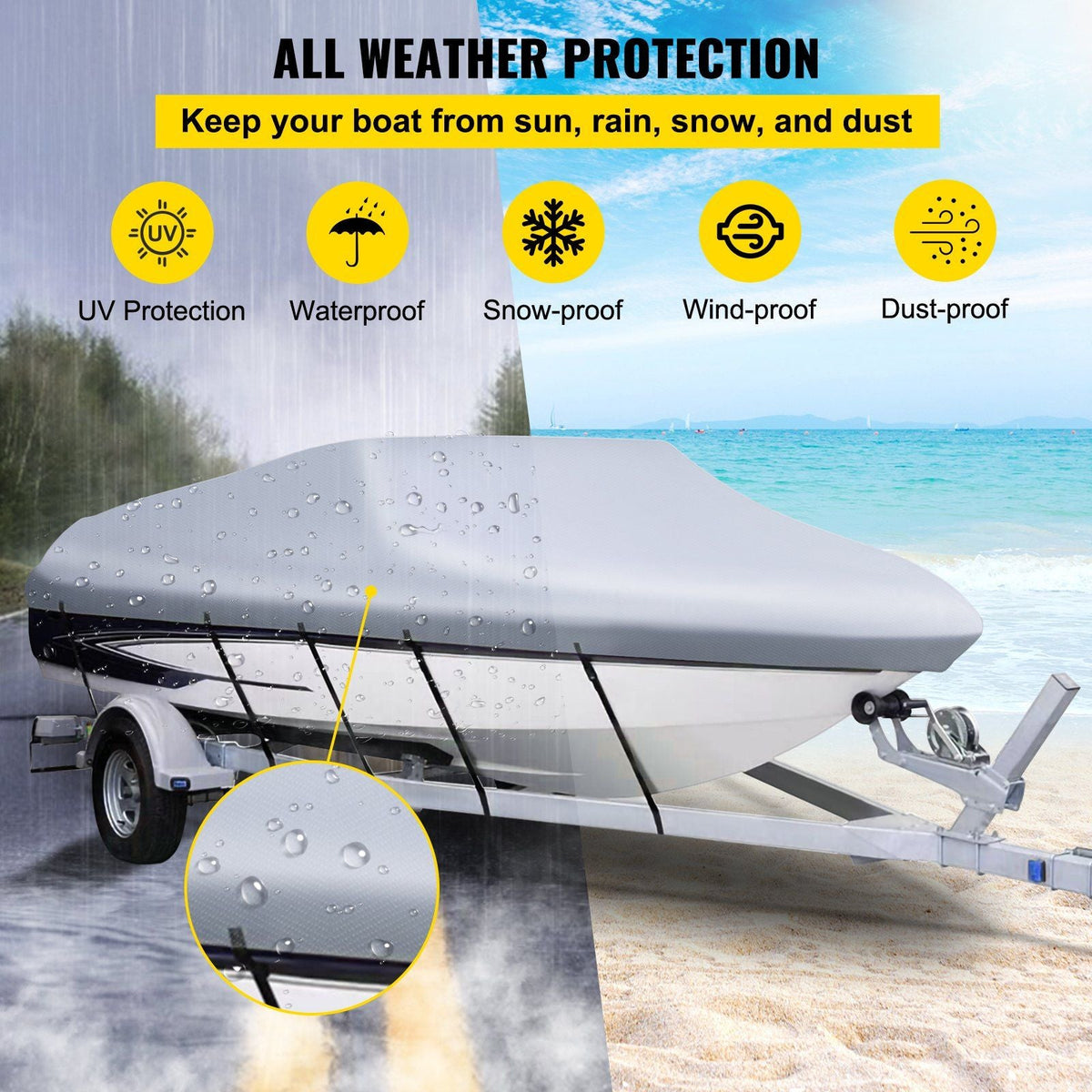 Waterproof Boat Cover, 25'-28' Trailerable Boat Cover, Beam Width up to 118" v Hull Cover Heavy Duty 210D Marine Grade Polyester Mooring Cover for Fits V-Hull Boat with 5 Tightening Straps