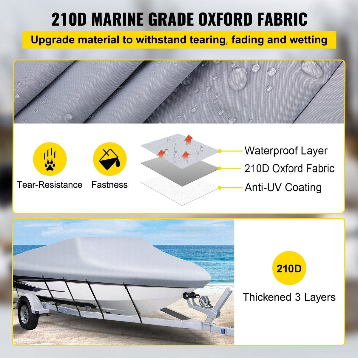 Waterproof Boat Cover, 25'-28' Trailerable Boat Cover, Beam Width up to 118" v Hull Cover Heavy Duty 210D Marine Grade Polyester Mooring Cover for Fits V-Hull Boat with 5 Tightening Straps