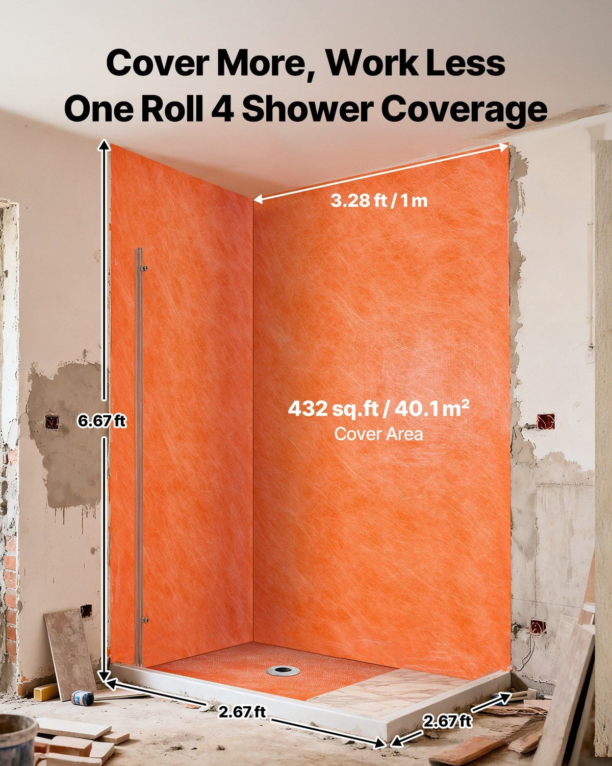 Waterproof Membrane for Shower, 3.3 x 131.7 ft 432 sq.ft Waterproofing Tile Membrane, 20 mil Thickness Polyethylene Fabric Roll, Easy to Cut for Bathroom, Kitchen, Sauna, Walls, Underlayment