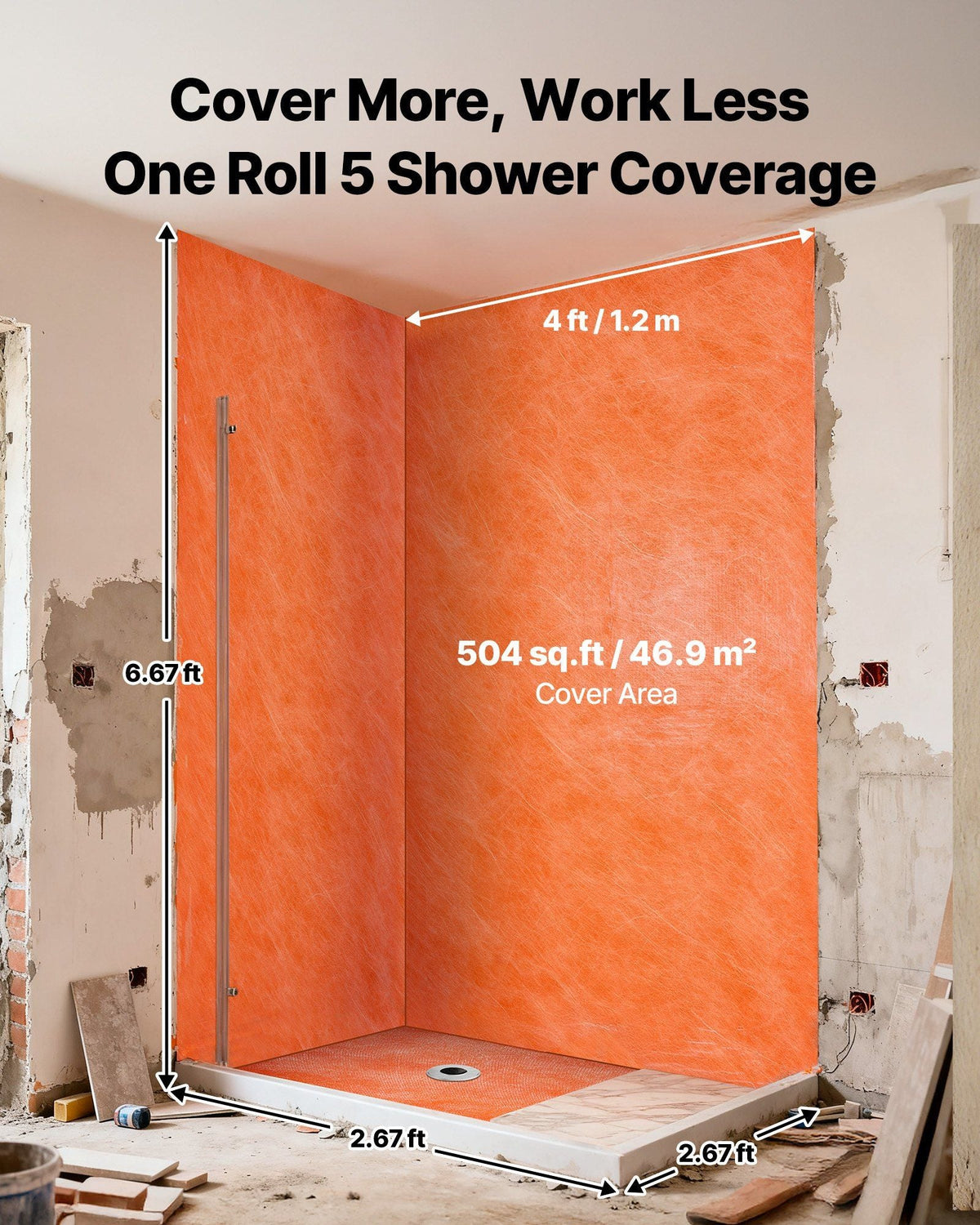 Waterproof Membrane for Shower, 4 x 128 ft 504 sq.ft Waterproofing Tile Membrane, 20 mil Thickness Polyethylene Fabric Roll, Easy to Cut for Bathroom, Kitchen, Sauna, Walls, Underlayment