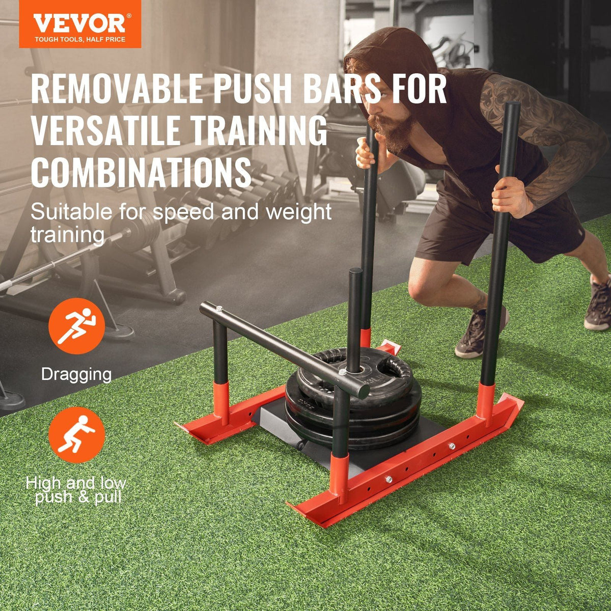 Weight Training Sled, Pull Push Power Sled with Handle, Fitness Strength Resistance Training, Steel Workout Equipment for Athletic Exercise & Speed Improvement, Fit for 1" & 2" Weight Plate