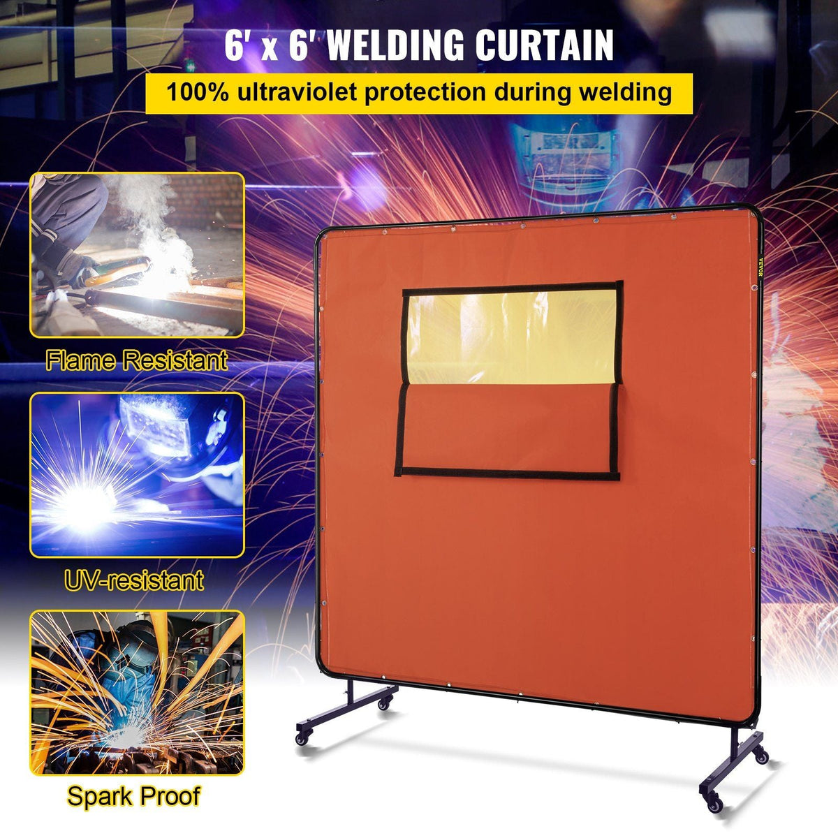 Welding Curtain, 6' x 6', Welding Screen with Metal Frame & 4 Wheels, Fireproof Fiberglass w/Transparent Window, for Workshop, Industrial Site, Red