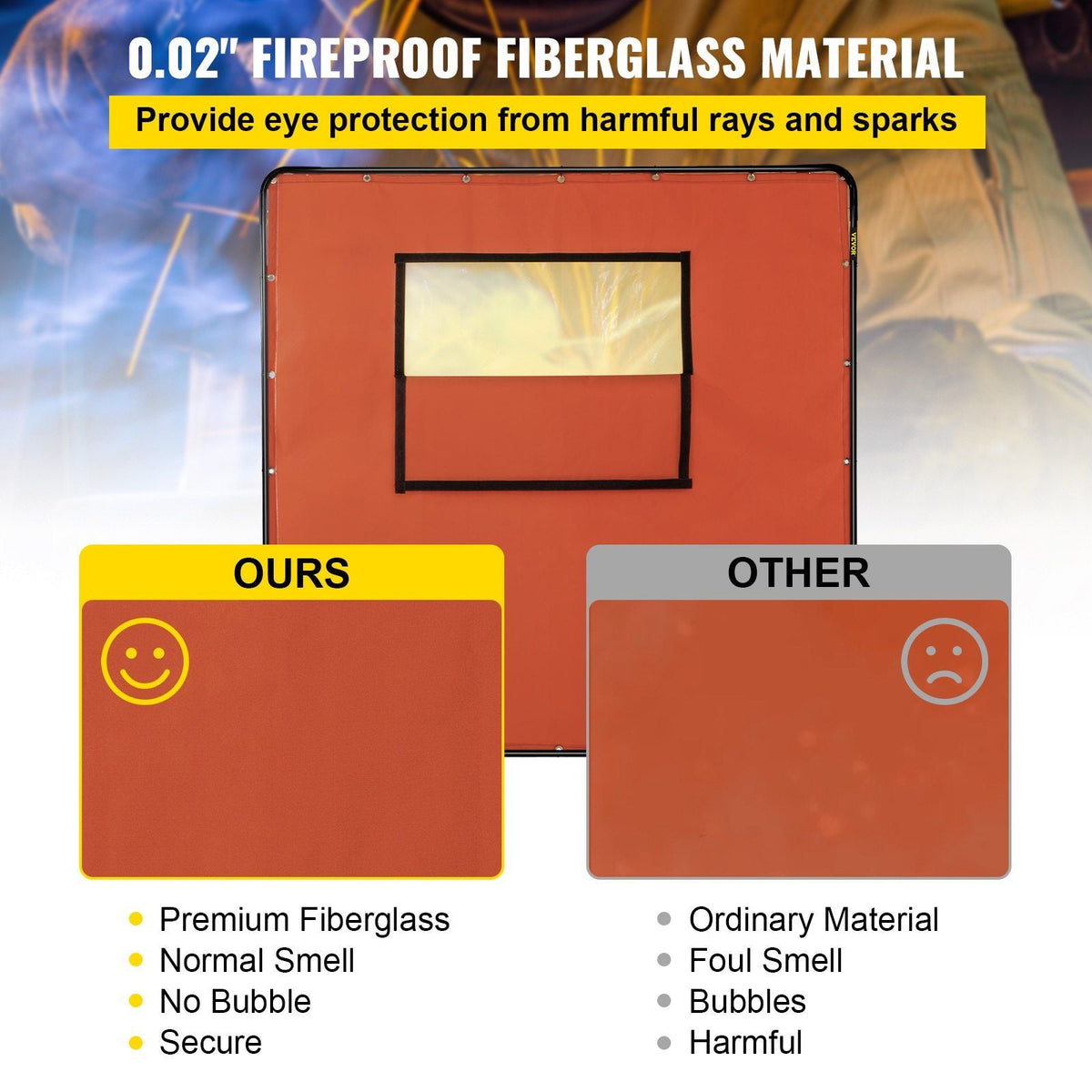 Welding Curtain, 6' x 6', Welding Screen with Metal Frame & 4 Wheels, Fireproof Fiberglass w/Transparent Window, for Workshop, Industrial Site, Red