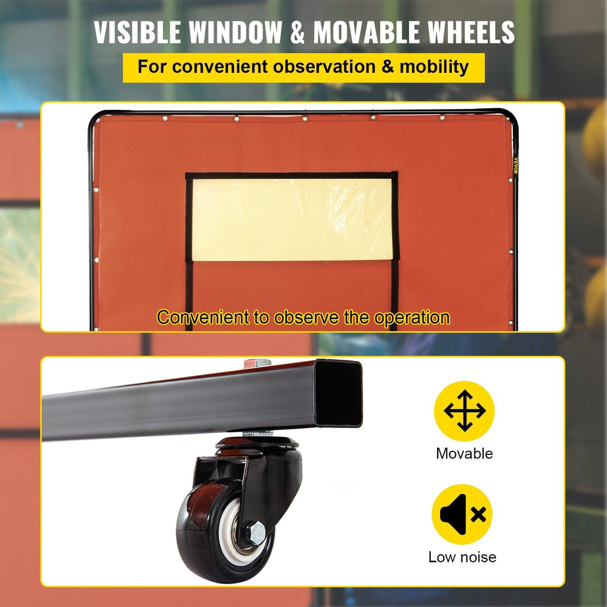 Welding Curtain, 6' x 6', Welding Screen with Metal Frame & 4 Wheels, Fireproof Fiberglass w/Transparent Window, for Workshop, Industrial Site, Red