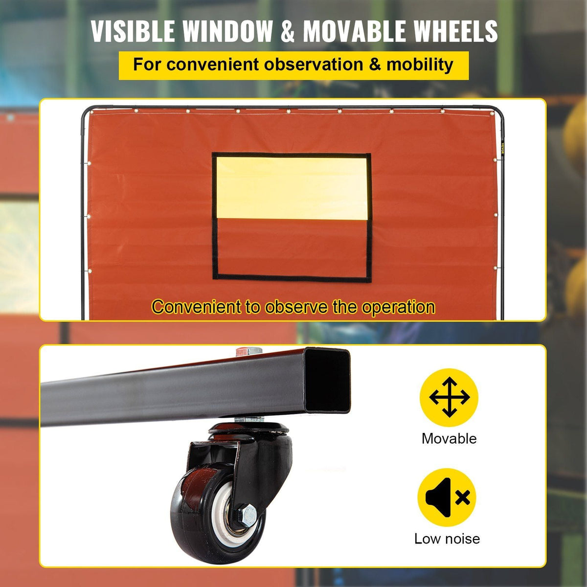 Welding Curtain, 6' x 8', Welding Screen with Metal Frame & 4 Wheels, Fireproof Fiberglass w/Transparent Window, for Workshop, Industrial Site, Red