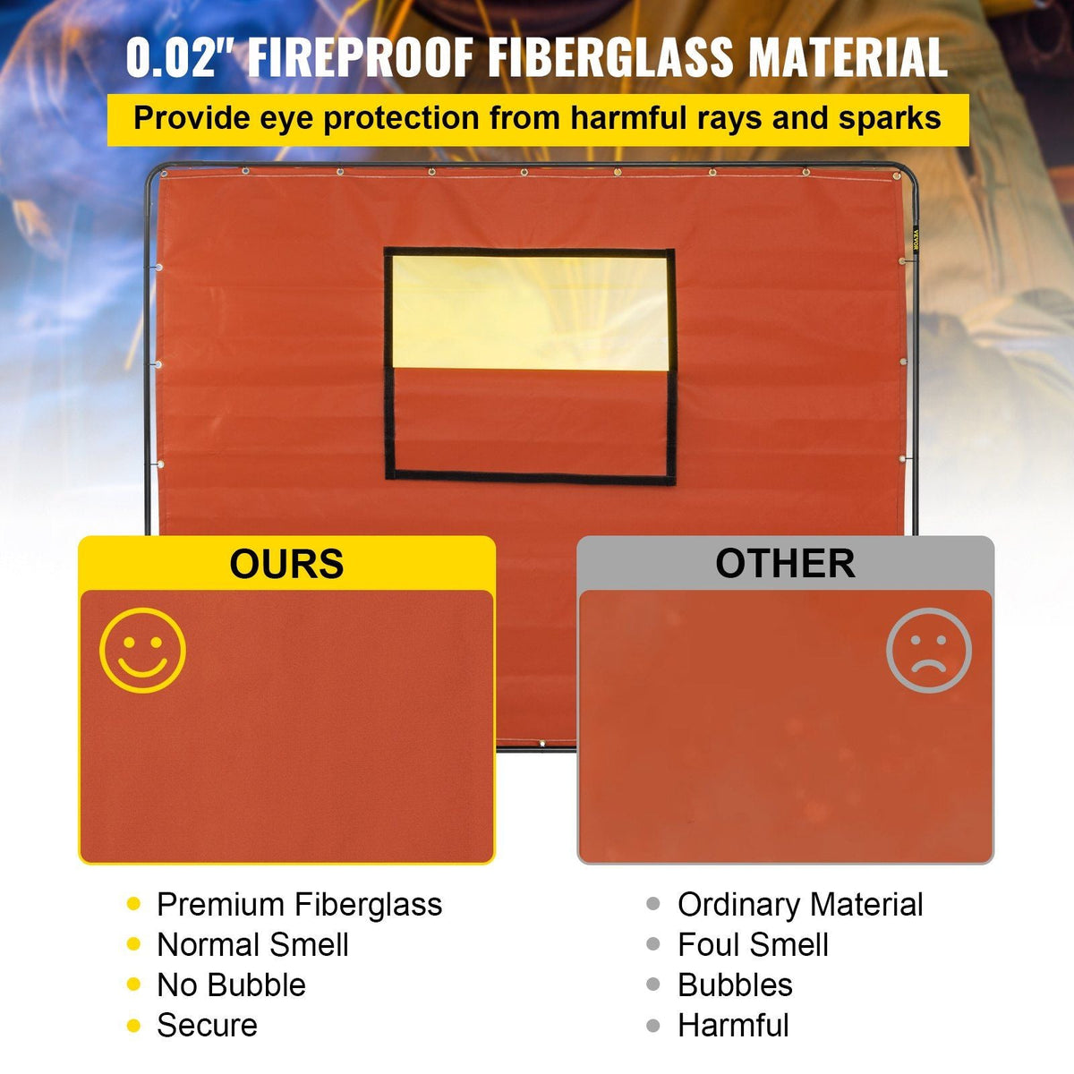 Welding Curtain, 6' x 8', Welding Screen with Metal Frame & 4 Wheels, Fireproof Fiberglass w/Transparent Window, for Workshop, Industrial Site, Red
