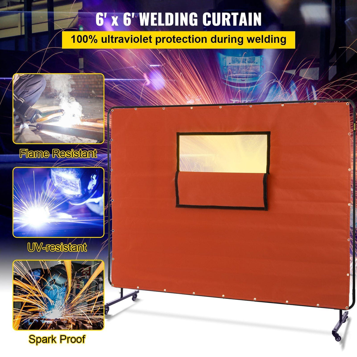 Welding Curtain, 6' x 8', Welding Screen with Metal Frame & 4 Wheels, Fireproof Fiberglass w/Transparent Window, for Workshop, Industrial Site, Red