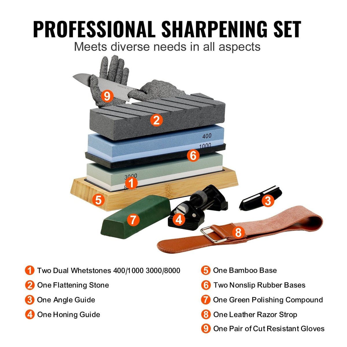 Whetstone Knife Sharpening Kit, 2 Dual-Sided Grit Whetstones 400/1000 3000/8000, 10PCS Knife Sharpener Kit with 3 Non-Slip Bases, Flattening Stone, Angle & Honing Guide for All Knives, Scissors