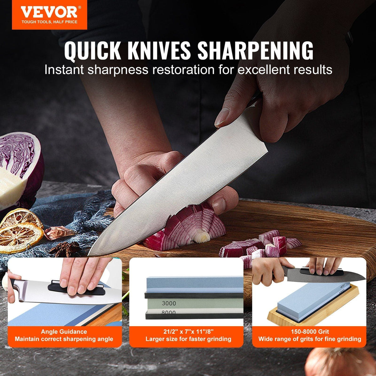 Whetstone Knife Sharpening Kit, 2 Dual-Sided Grit Whetstones 400/1000 3000/8000, 10PCS Knife Sharpener Kit with 3 Non-Slip Bases, Flattening Stone, Angle & Honing Guide for All Knives, Scissors