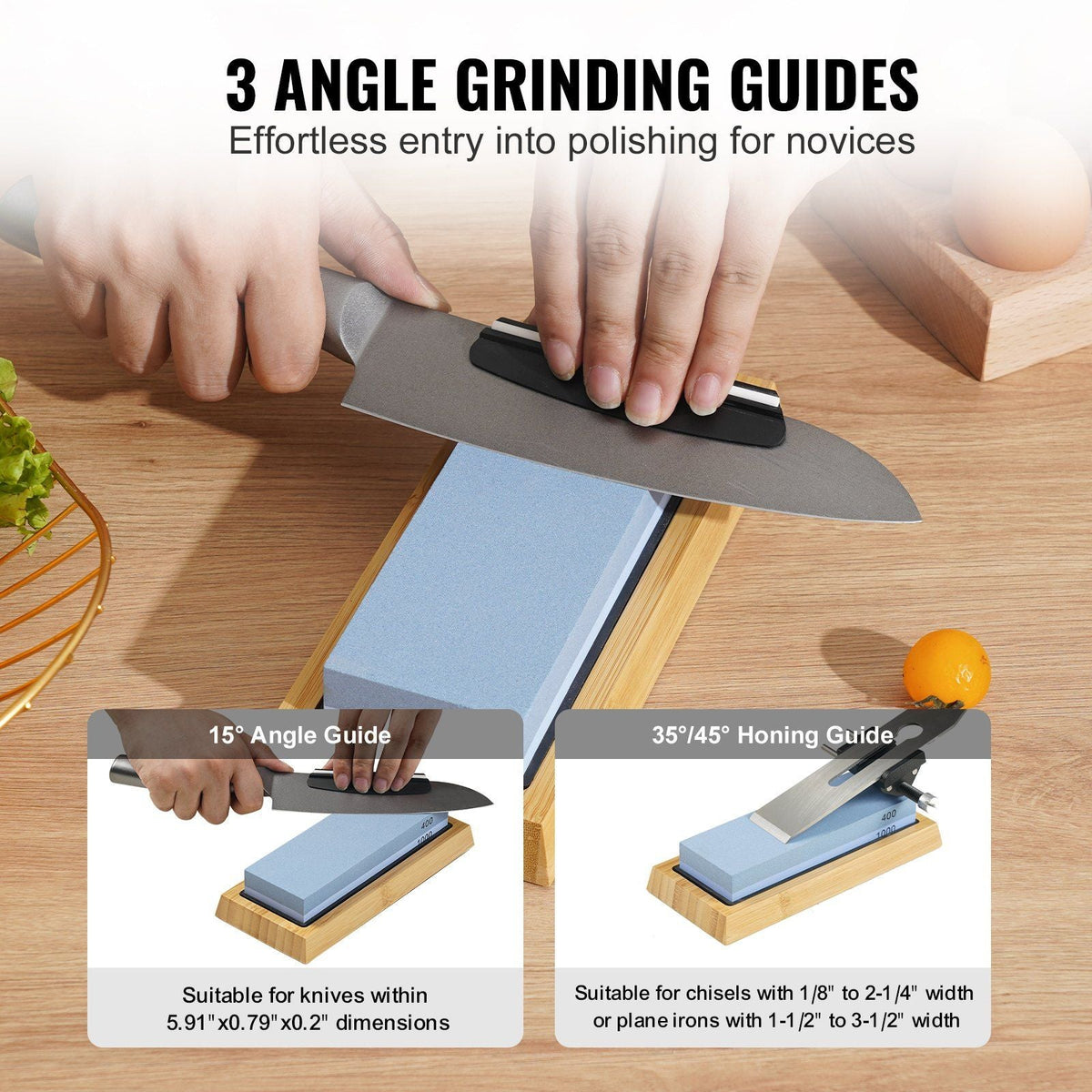 Whetstone Knife Sharpening Kit, 2 Dual-Sided Grit Whetstones 400/1000 3000/8000, 10PCS Knife Sharpener Kit with 3 Non-Slip Bases, Flattening Stone, Angle & Honing Guide for All Knives, Scissors