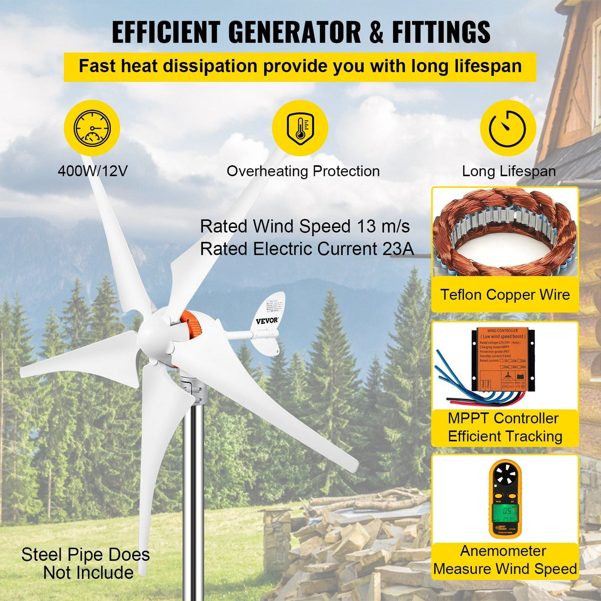 Wind Turbine Generator, 12V/AC Wind Turbine Kit, 400W Wind Power Generator with MPPT Controller 5 Blades Auto Adjust Windward Direction Suitable for Terrace, Marine, Motor Home, Chalet, Boat
