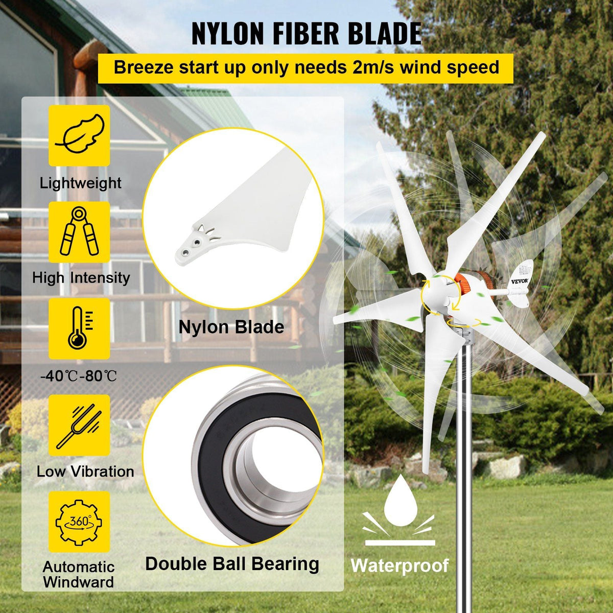 Wind Turbine Generator, 12V/AC Wind Turbine Kit, 400W Wind Power Generator with MPPT Controller 5 Blades Auto Adjust Windward Direction Suitable for Terrace, Marine, Motor Home, Chalet, Boat