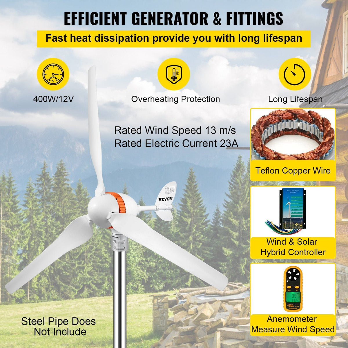 Wind Turbine Generator, 12V/AC Wind Turbine Kit, 400W Wind Power Generator w/Wind & Solar Controller 3 Blades Auto Adjust Windward Direction Suitable for Terrace, Marine, Motorhome, Chalet, Boat