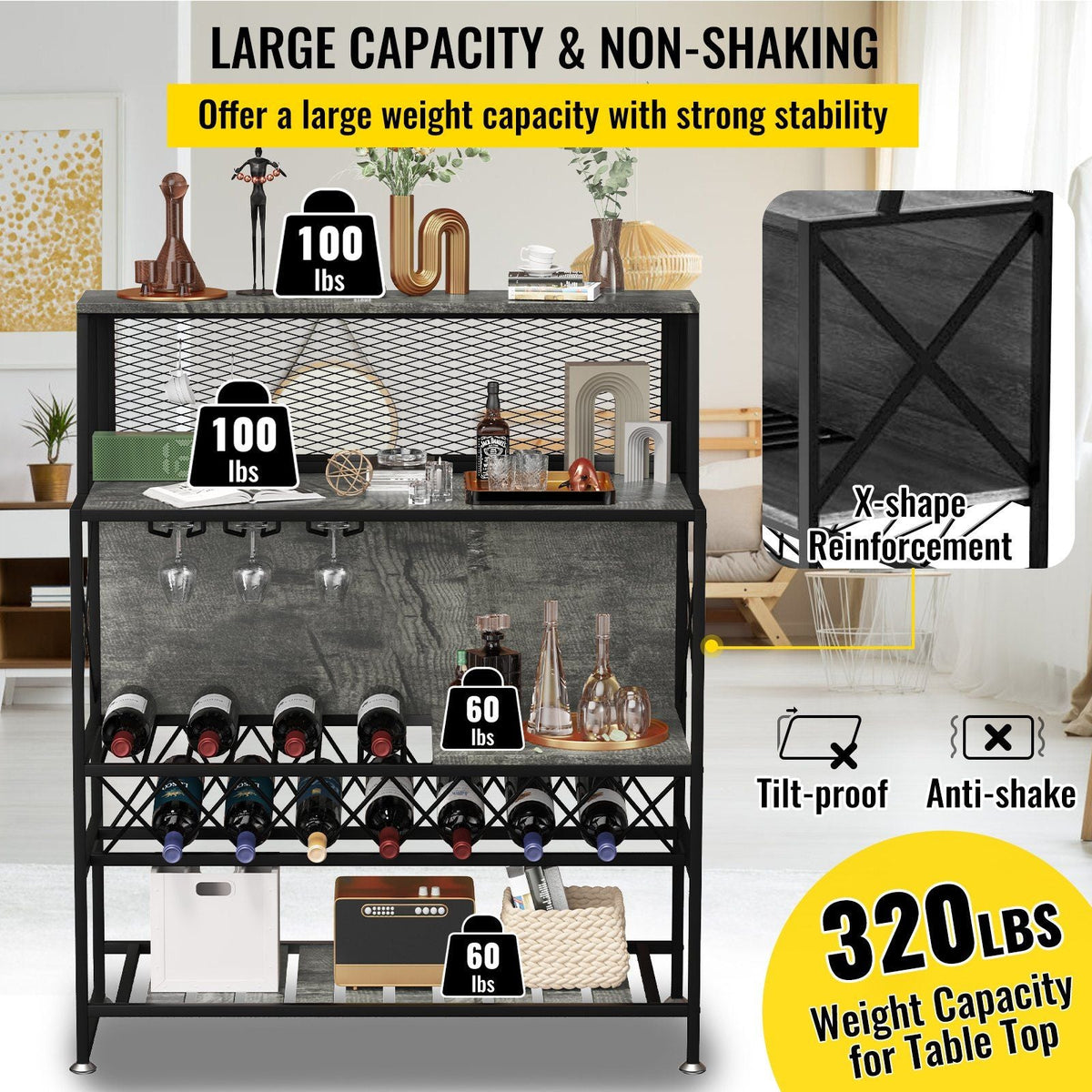 Wine Rack Home Bar Table, Industrial Liquor Storage Cabinets with Glass Holder, Bakers Rack Freestanding with Large Capacity for Home Kitchen Dining Room, Hold 12 Bottles of Wine (Gray)