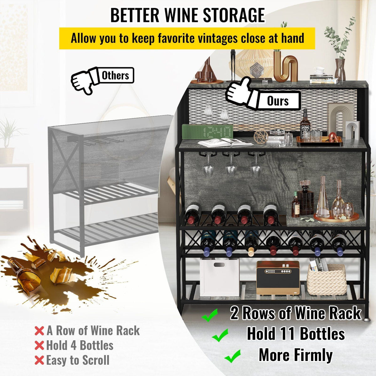 Wine Rack Home Bar Table, Industrial Liquor Storage Cabinets with Glass Holder, Bakers Rack Freestanding with Large Capacity for Home Kitchen Dining Room, Hold 12 Bottles of Wine (Gray)