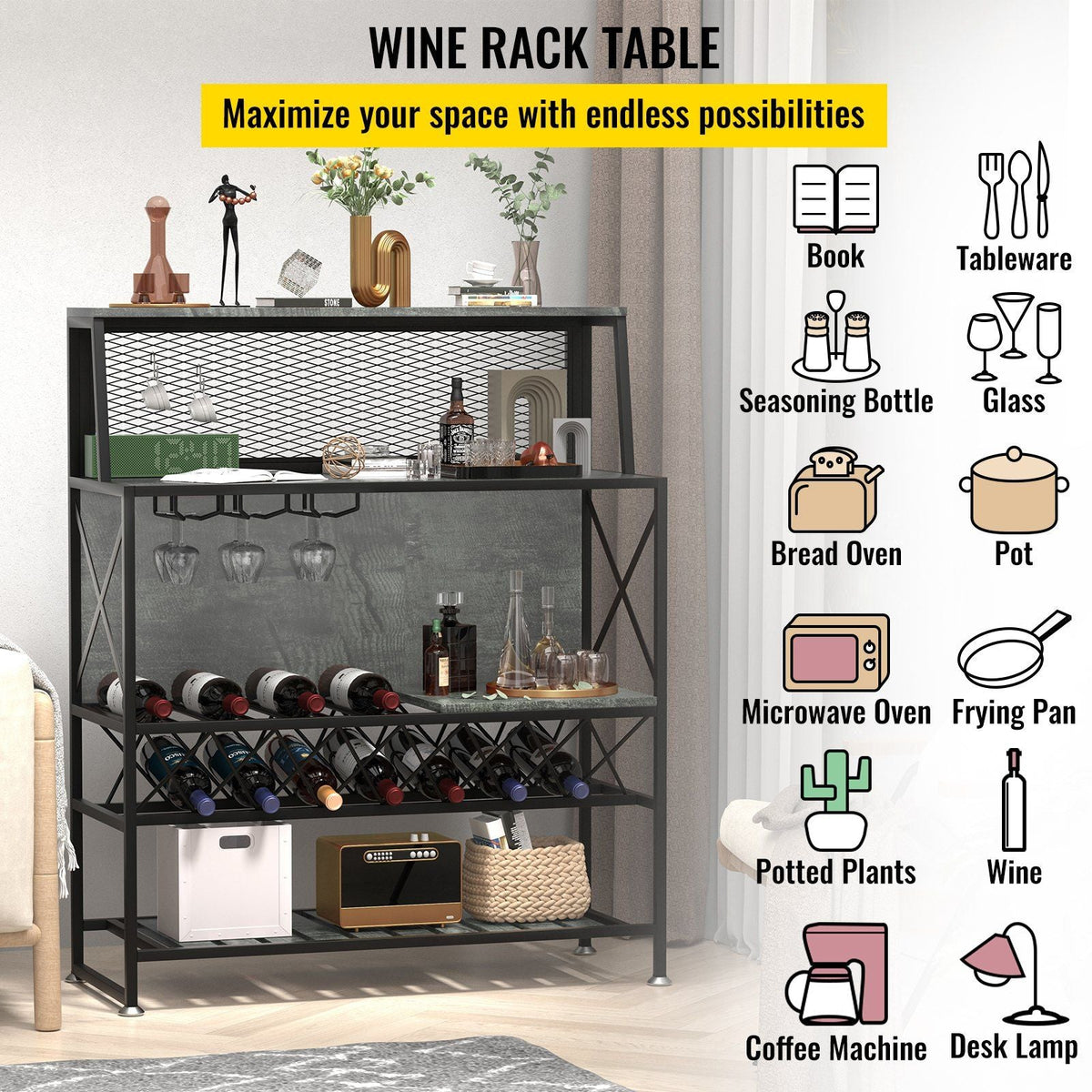 Wine Rack Home Bar Table, Industrial Liquor Storage Cabinets with Glass Holder, Bakers Rack Freestanding with Large Capacity for Home Kitchen Dining Room, Hold 12 Bottles of Wine (Gray)