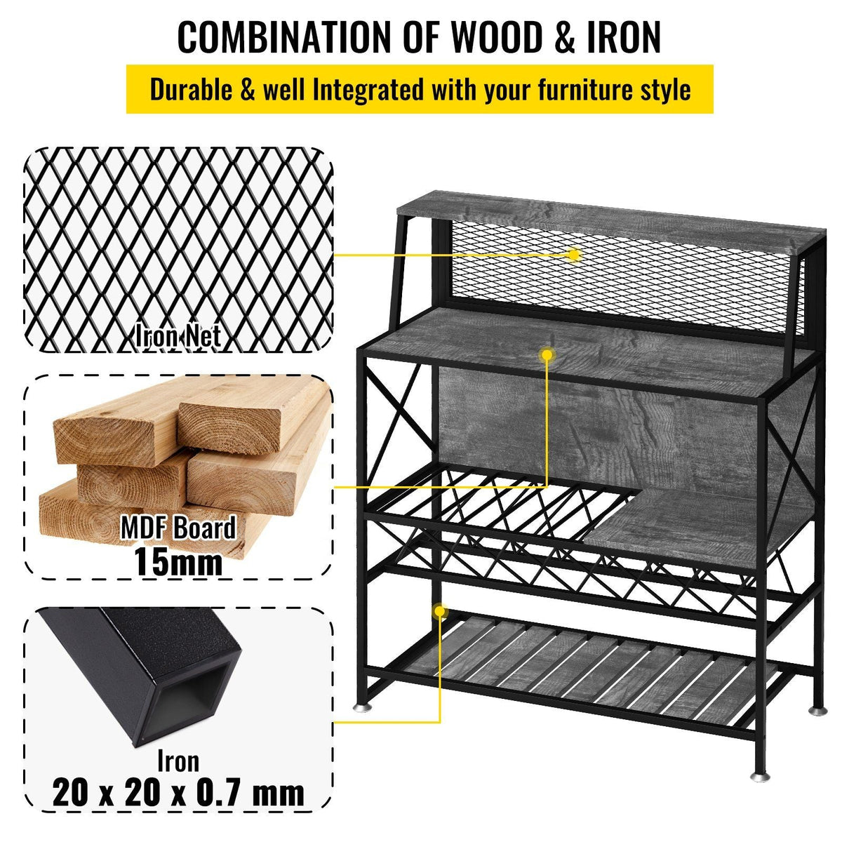 Wine Rack Home Bar Table, Industrial Liquor Storage Cabinets with Glass Holder, Bakers Rack Freestanding with Large Capacity for Home Kitchen Dining Room, Hold 12 Bottles of Wine (Gray)