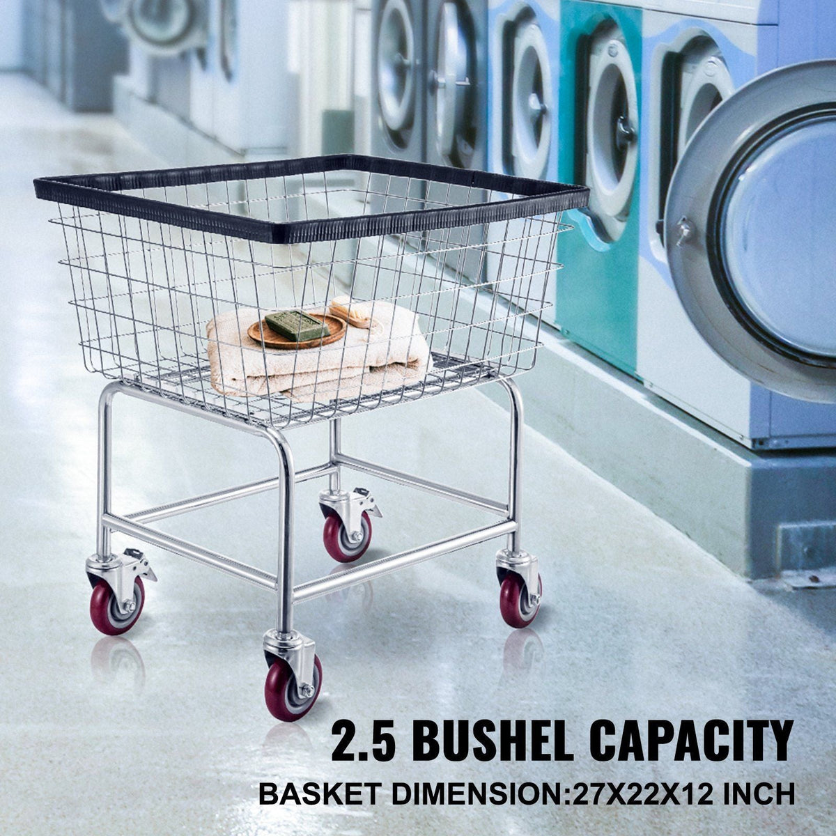Wire Laundry Cart, 2.5 Bushel Wire Laundry Basket with Wheels, 20''x15.7''x26'' Commercial Wire Laundry Basket Cart, Steel Frame With Chrome Finish, 5inch Casters, Wire Cart For Laundry