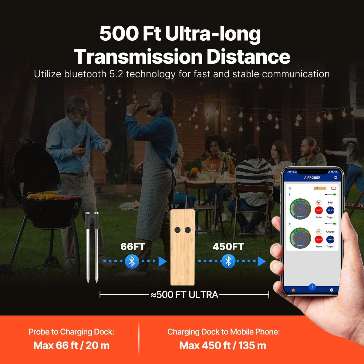Wireless Meat Thermometer Bluetooth Meat Probe Two Probes for Cooking
