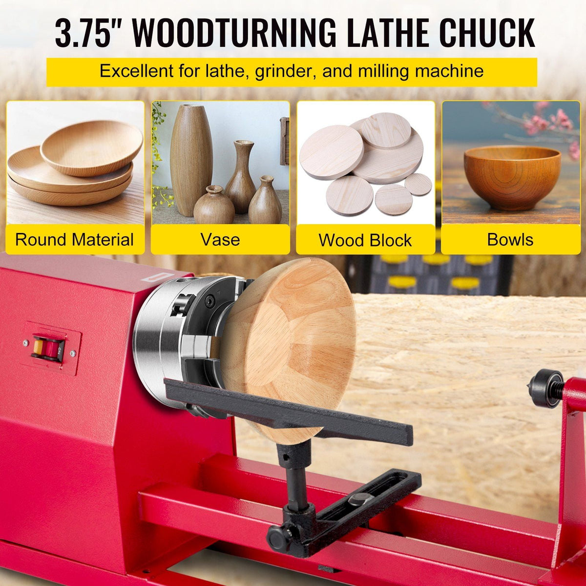 Wood Lathe Chuck, 3.75" Woodturning Chuck, 4-Jaw Gear Chuck, 1In x 8TPI Thread Mini Key Chuck, Precision Self-Centering Woodturning Chuck Jaws, Wood Lathe Accessories for Bowls Vases
