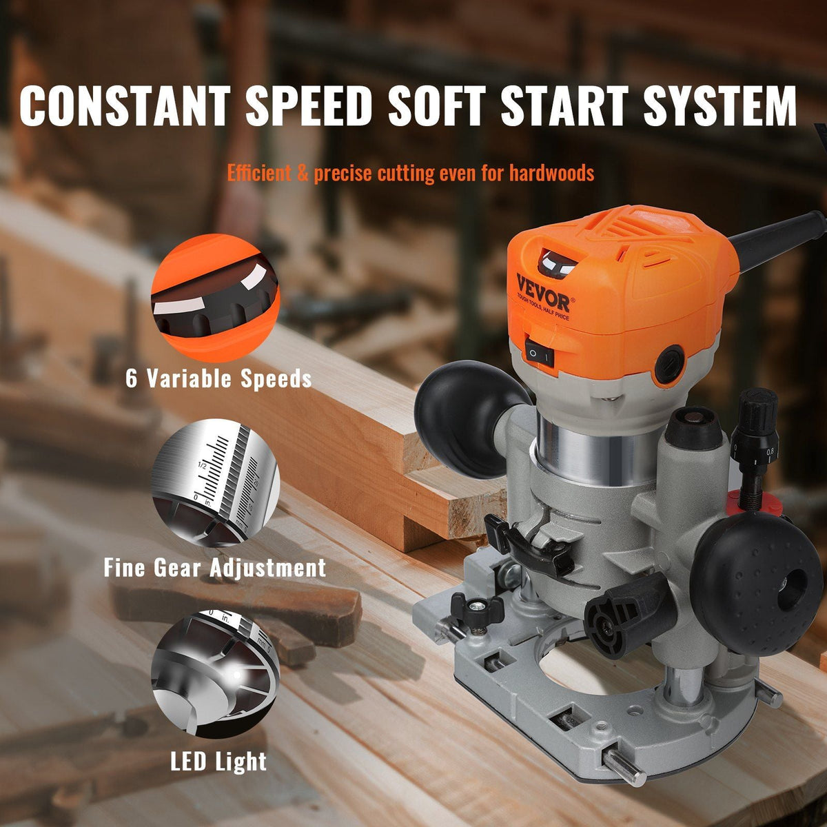 Wood Router, 1.25HP 800W, Compact Wood Trimmer Router Combo Tool with Plunge and Fixed Base, 30000RPM 6 Variable Speeds, with 1/4'' & 5/16'' Collets Dust Hood, for Woodworking Slotting Trimming