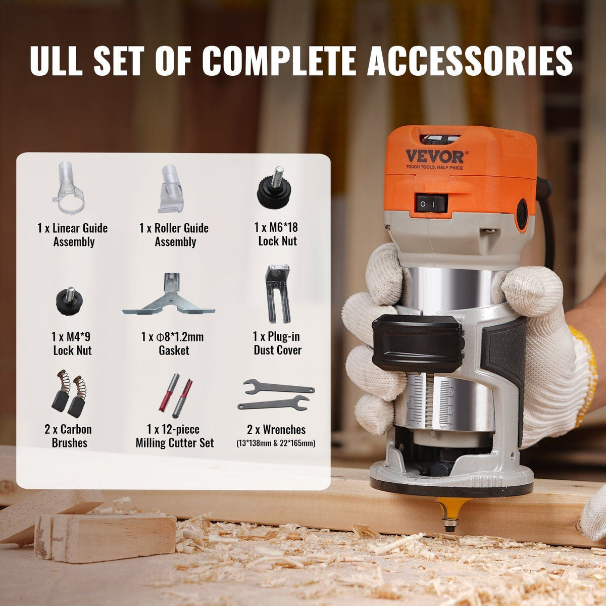 Wood Router, 1.25HP 800W, Compact Wood Trimmer Router Tool, 30000RPM Max Speed 6 Variable Speeds, with 1/4'' & 5/16'' Collets 12 PCs Milling Cutters Dust Hood, for Woodworking Slotting Trimming
