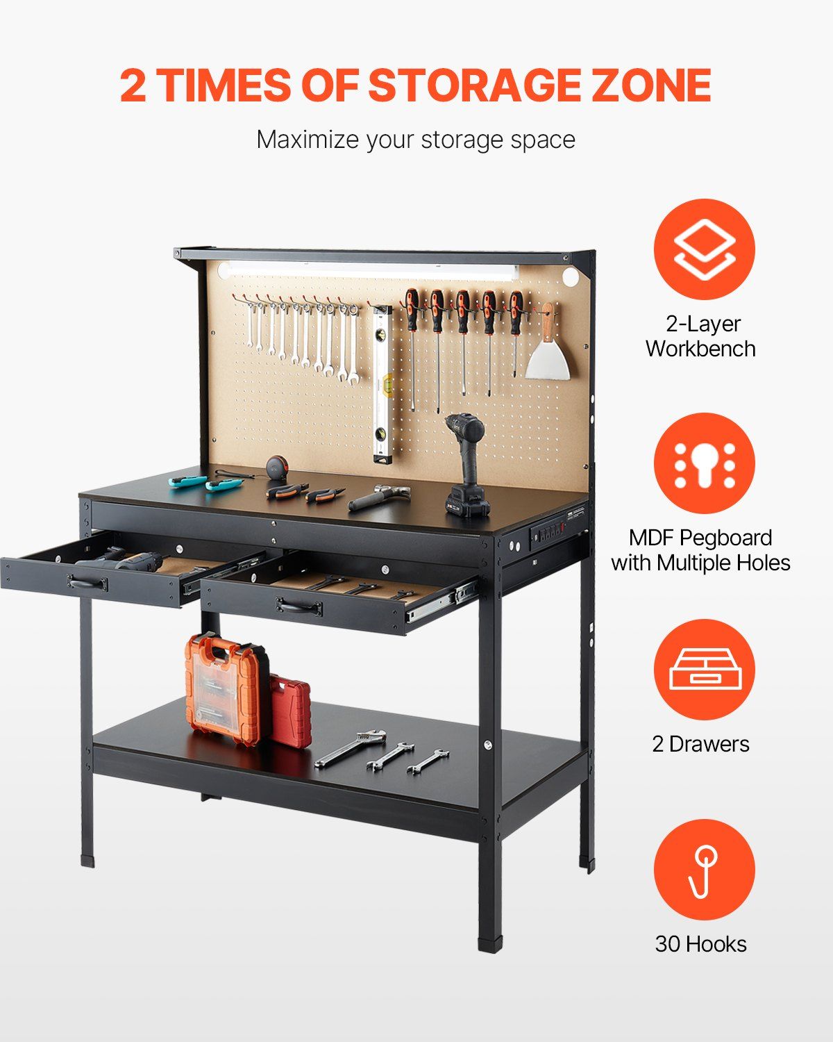Workbench 242.5 lbs 47.2-inch Heavy Duty Workbench with Pegboard Outlets