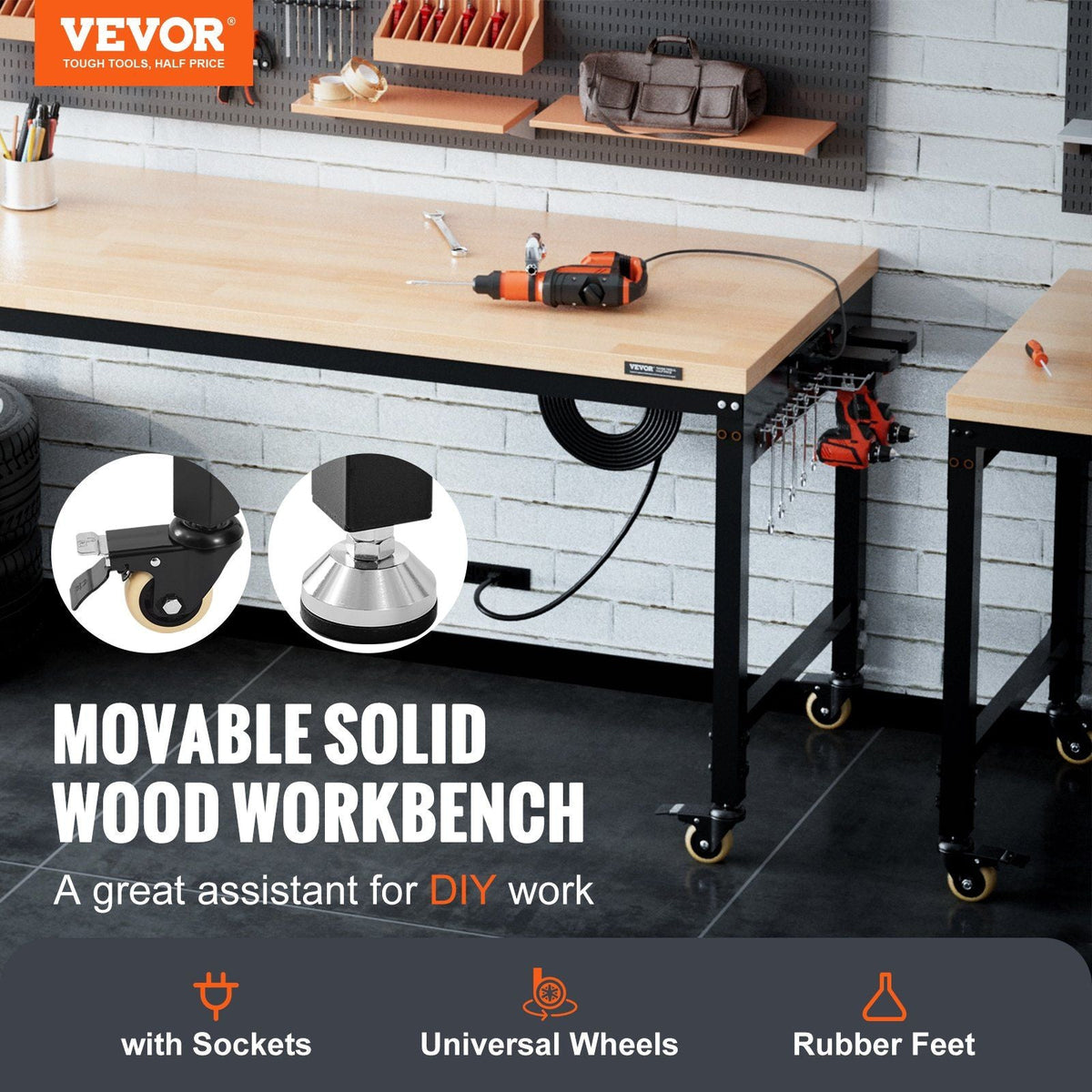 Workbench A3 Steel Work Bench For Garage max. 1500W Heavy Duty Workbench 220lbs Weight Capacity 0.47" Bench top Thickness Hardwood Workbench 1.5m Cable 4xAC outlets 2xUSB ports 30xHooks