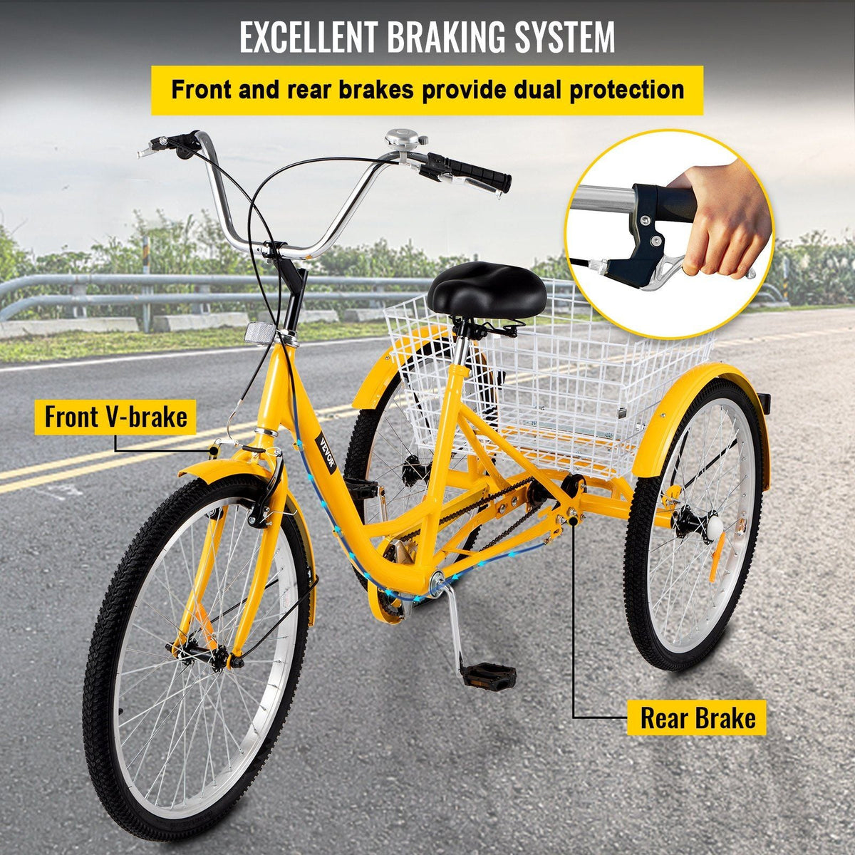 Yellow Adult Tricycle 24'' 1-Speed 3 Wheel Bikes, Foldable Adult Tricycle 3 Wheel Bike Trike for Adults, Cruise Bike 24 Inch Seat Adjustable Trike with Bell, Brake System and Basket for Shopping