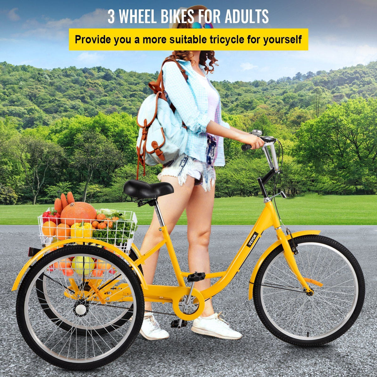 Yellow Adult Tricycle 24'' 1-Speed 3 Wheel Bikes, Foldable Adult Tricycle 3 Wheel Bike Trike for Adults, Cruise Bike 24 Inch Seat Adjustable Trike with Bell, Brake System and Basket for Shopping
