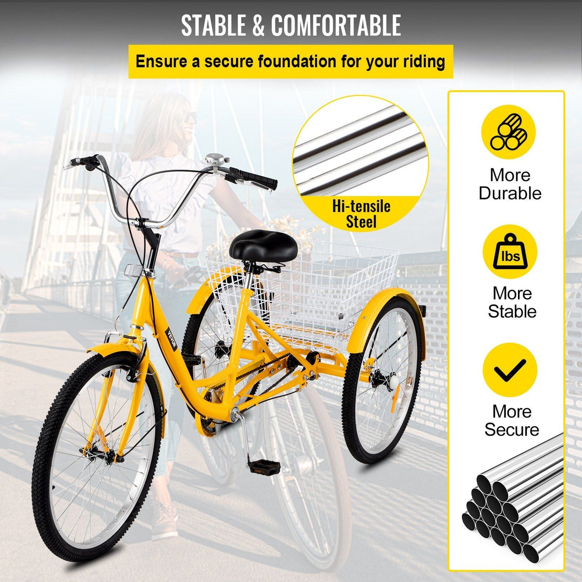 Yellow Adult Tricycle 24'' 1-Speed 3 Wheel Bikes, Foldable Adult Tricycle 3 Wheel Bike Trike for Adults, Cruise Bike 24 Inch Seat Adjustable Trike with Bell, Brake System and Basket for Shopping