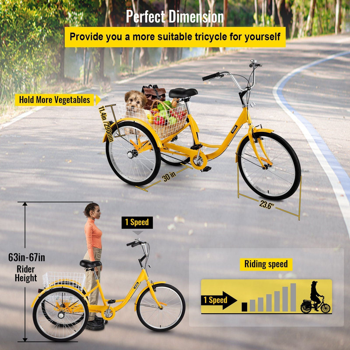 Yellow Adult Tricycle 24'' 1-Speed 3 Wheel Bikes, Foldable Adult Tricycle 3 Wheel Bike Trike for Adults, Cruise Bike 24 Inch Seat Adjustable Trike with Bell, Brake System and Basket for Shopping