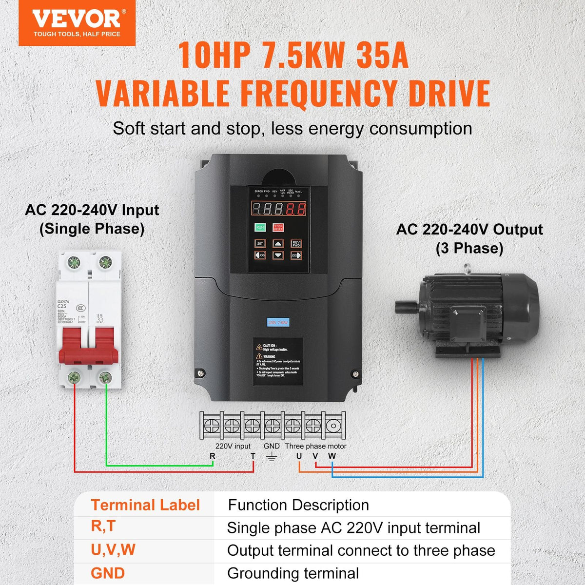 VFD 10HP, 7.5KW, 35A, 1 or 3 Phase 220V Input to 3 Phase 220V Output Variable Frequency Drive, 40-60Hz Input, 0-400Hz Output VFD for Spindle Motor CNC Speed Control